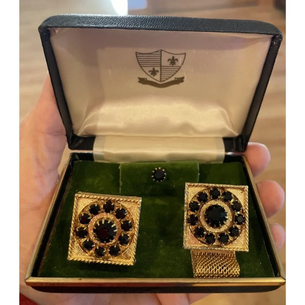 Vintage Men's Gold Black Crystal Cufflinks Tie Pin Box